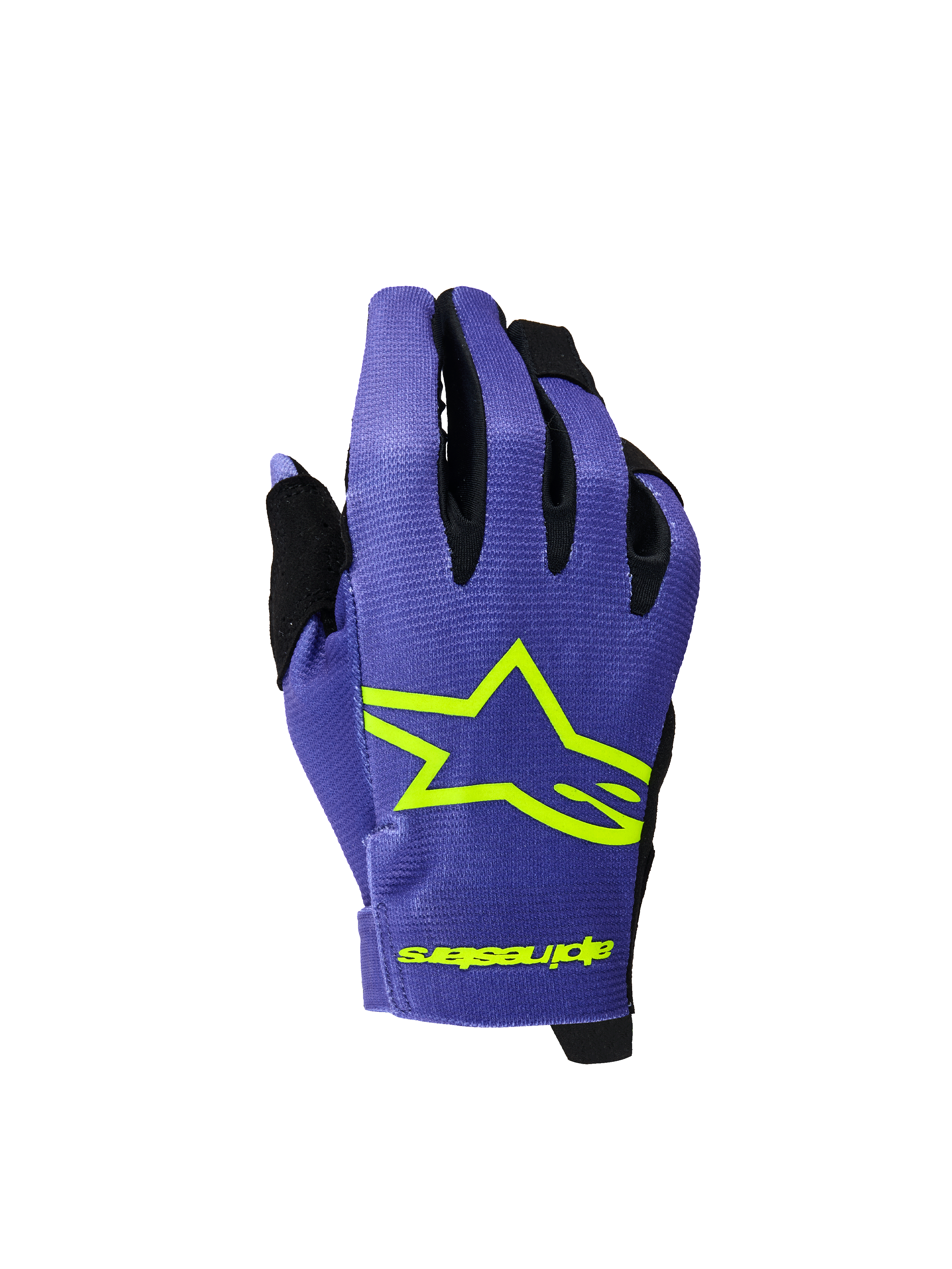 Alpinestars 2026 Youth Radar Gloves, Motocross and MTB Gloves, Purple and Yellow Fluo, featuring a bold neon yellow star logo and branding, black accents between fingers, lightweight textured fabric for off-road racing