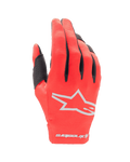Alpinestars Youth 2024 Radar Gloves, Motocross Gloves, Mars Red and Silver, backhand view featuring a white star logo and wordmark on the cuff, lightweight stretch fabric with black finger accents, durable youth off-road racing gear