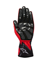 Alpinestars Tech-1 K Race V2 Gloves Graphic 1, Karting Gloves, Red Bright Black White, palm side view featuring white silicone dot pattern for enhanced grip, synthetic suede material, elasticated gauntlet cuff with white logo.