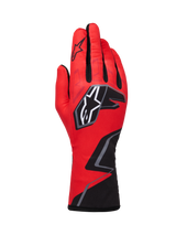 Alpinestars Tech-1 K Race V2 Gloves Graphic 1, Karting Racing Gloves, Red with Black and White accents, featuring bold star logo and geometric zigzag design on the wrist, lightweight textile construction for motorsport