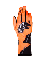 Alpinestars Tech-1 K Race V2 Gloves Graphic 1, Karting Racing Gloves, Orange Fluo with Black and White accents, back view of left-hand glove, bold star logo, form-fitting textile design with angular graphics