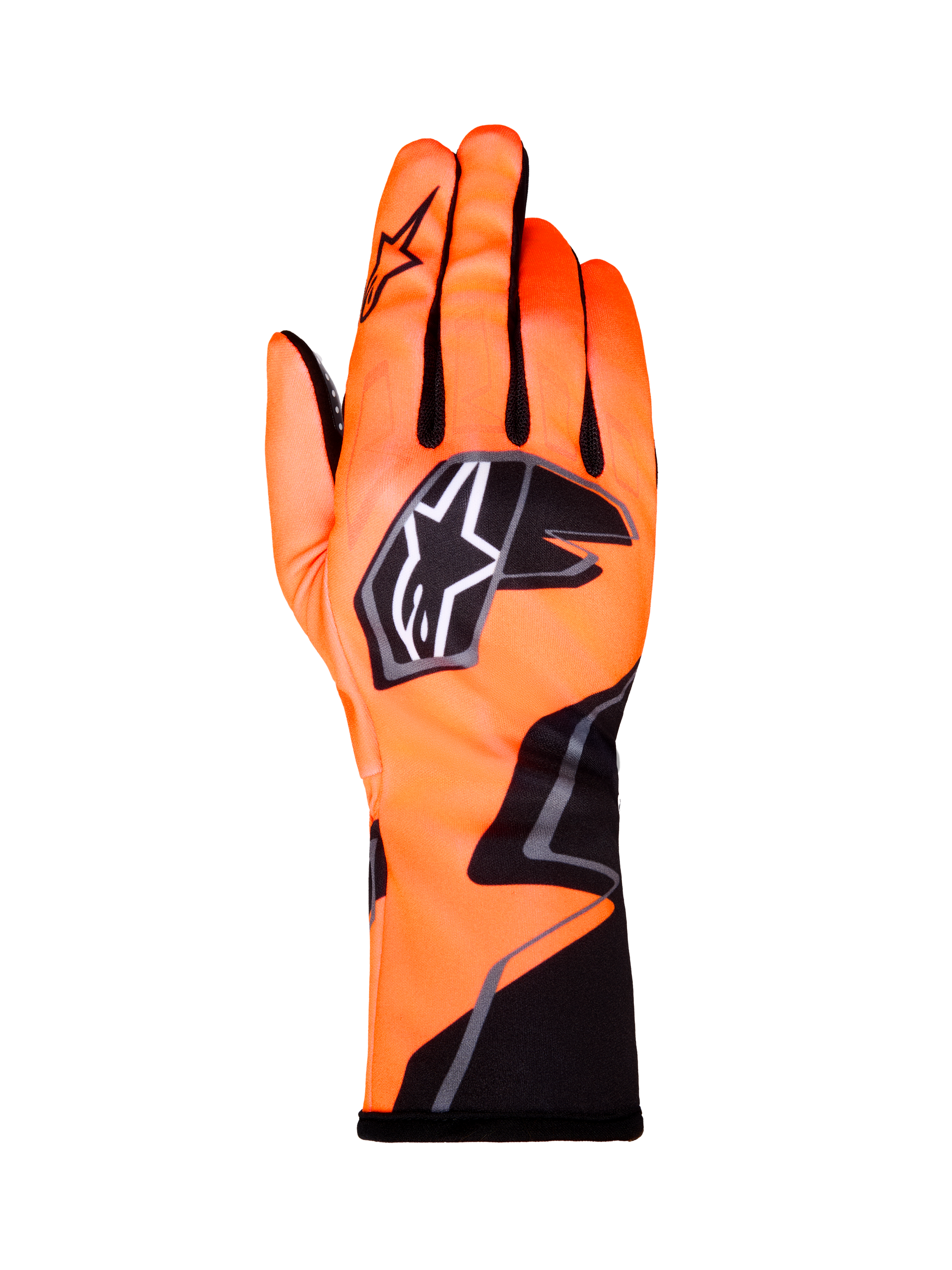 Alpinestars Tech-1 K Race V2 Gloves Graphic 1, Karting Racing Gloves, Orange Fluo with Black and White accents, back view of left-hand glove, bold star logo, form-fitting textile design with angular graphics