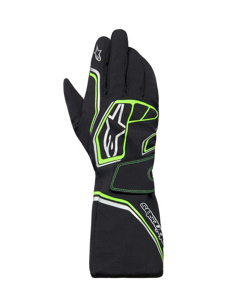 Alpinestars Tempest V3 Waterproof Gloves, Karting Gloves, Black with Fluo Green and silver accents, long gauntlet cuff design, featuring Alpinestars logo branding, durable textile construction for wet-weather racing