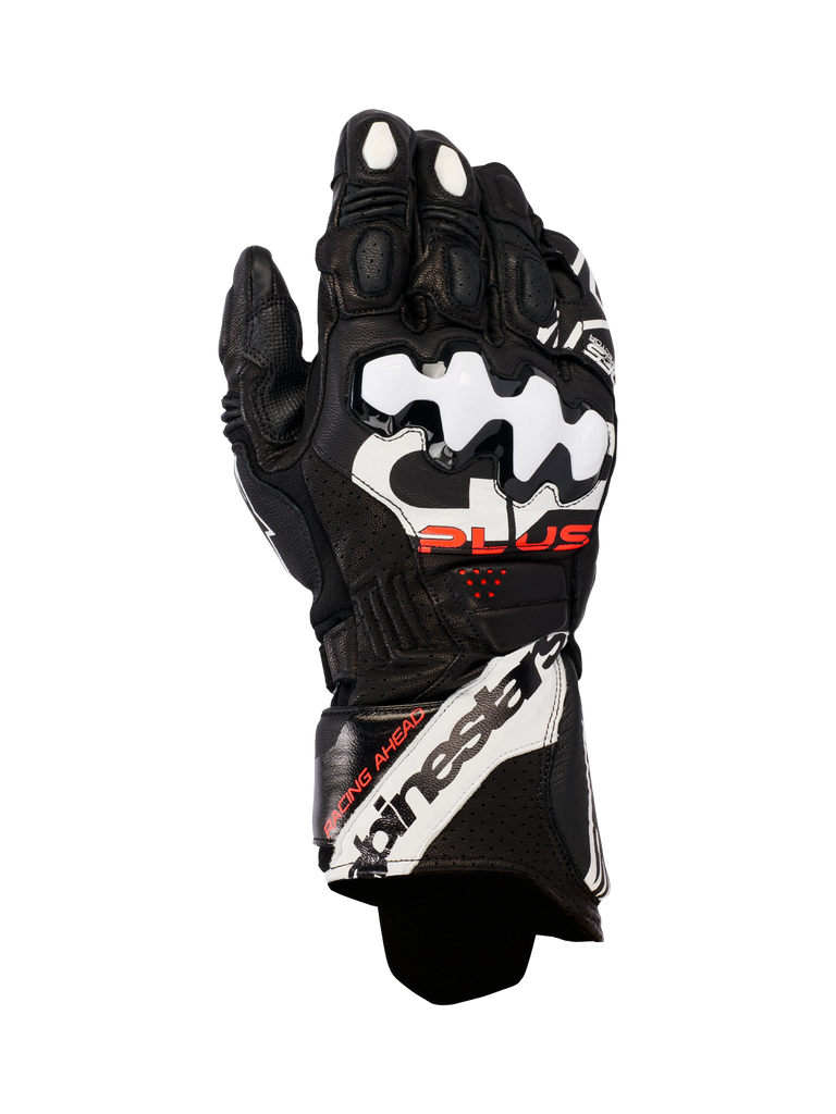 Alpinestars GP Plus R V3 Leather Gloves, Motorcycle Racing Gloves, Black with White and Red accents, featuring white DFS knuckle protectors, perforated leather for breathability, and bold Alpinestars branding on the cuff