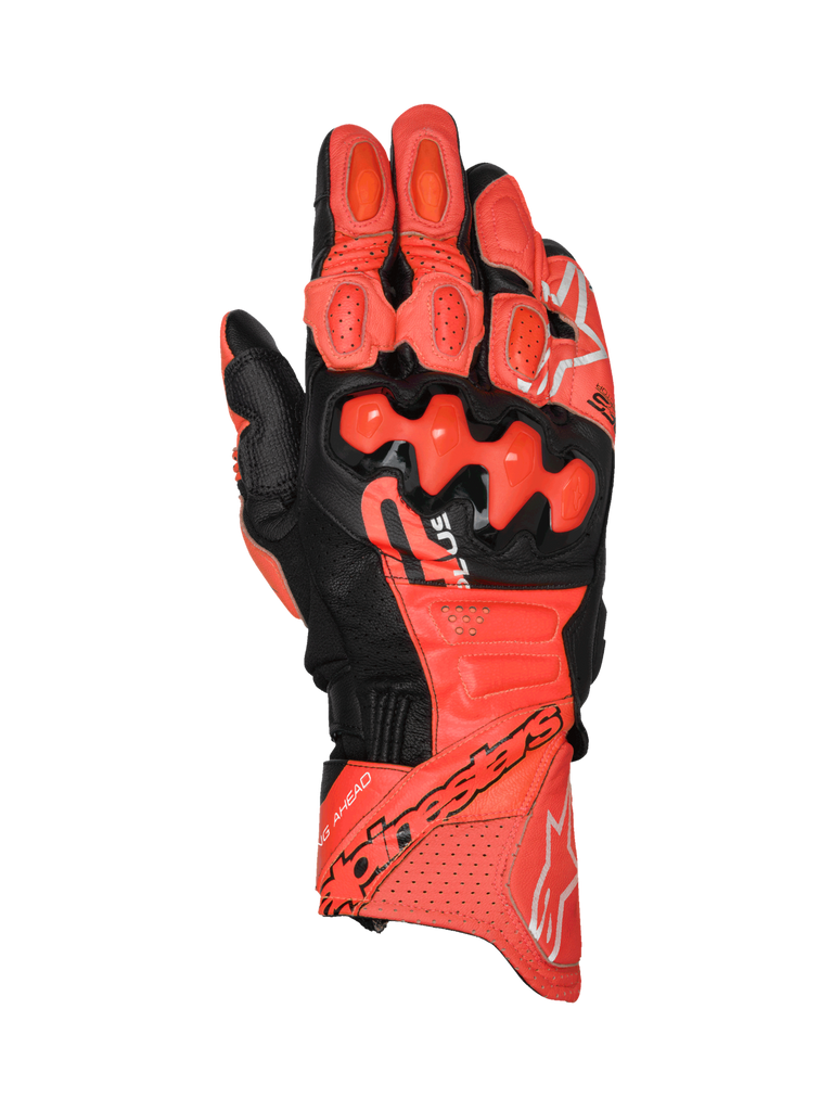 Alpinestars GP Plus R V3 Leather Gloves, red and black racing motorcycle gloves with TPU knuckle protection, CE certified.