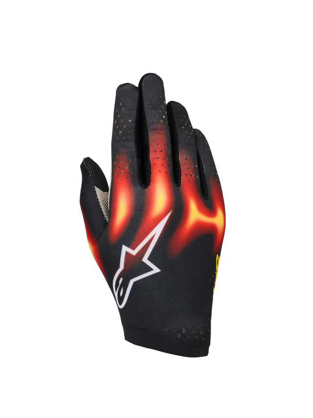 Alpinestars Sim Gloves Graphic 3, Sim Racing Gloves, Black with Bright Red and Warm Yellow flame graphics, white star logo, perforated fingers for ventilation, lightweight and flexible construction for virtual racing