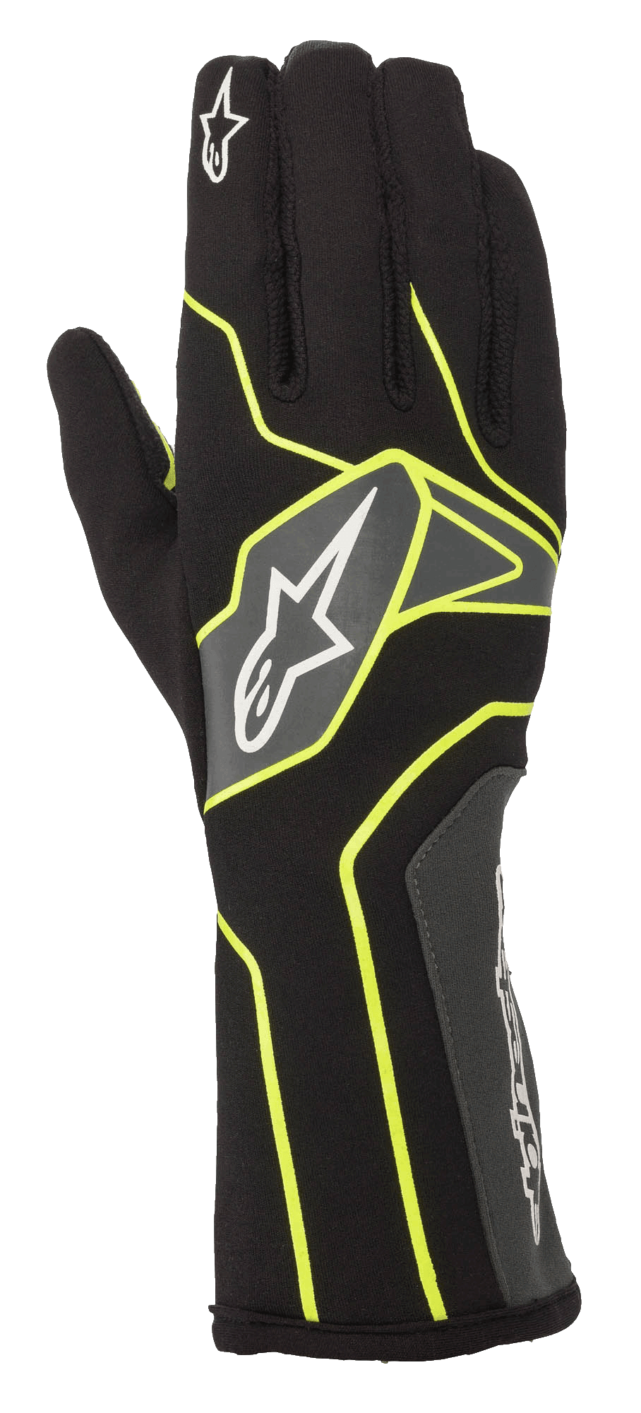 Alpinestars Tech-1 K V2 Gloves, Karting Racing Gloves, Black and Yellow, featuring sleek design with white logo on gray panel, visible stitching, long cuff construction for optimal protection and dexterity