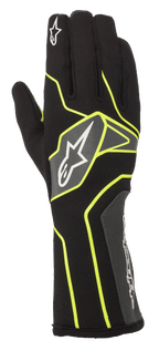 Alpinestars Tech-1 K V2 Gloves, Karting Racing Gloves, Black and Yellow, featuring sleek design with white logo on gray panel, visible stitching, long cuff construction for optimal protection and dexterity