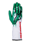 Alpinestars Tech-1 K V3 Gloves, Karting Gloves, White Green and Red, featuring a green upper with splash graphics, large black Astars logo, and a long white cuff with red branding, professional racing design
