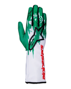 Alpinestars Tech-1 K V3 Gloves, Karting Gloves, White Green and Red, featuring a green upper with splash graphics, large black Astars logo, and a long white cuff with red branding, professional racing design