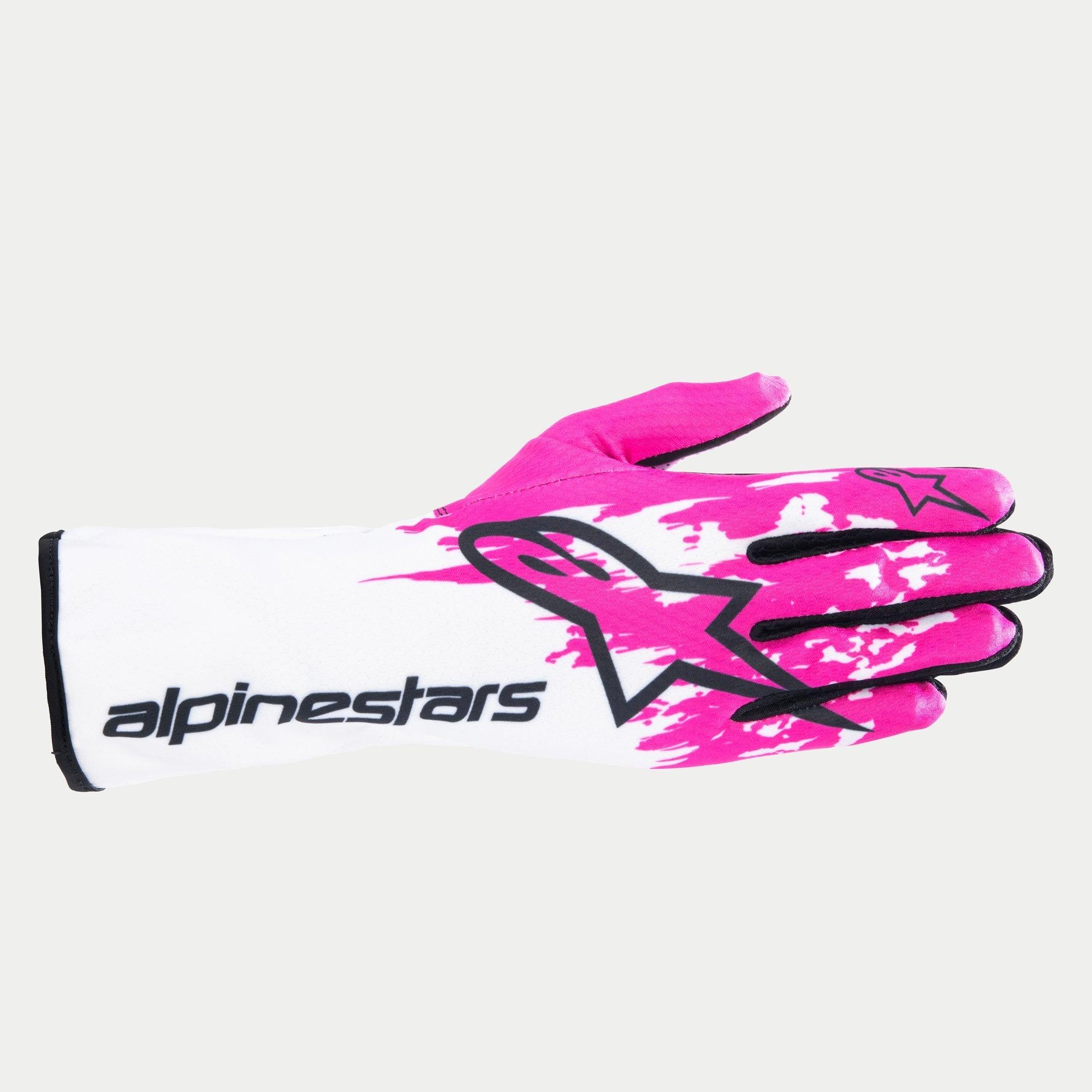 Alpinestars Tech-1 K V3 Karting Gloves in White, Fuchsia, and Black with sublimated graphics, FIA homologated for racing.