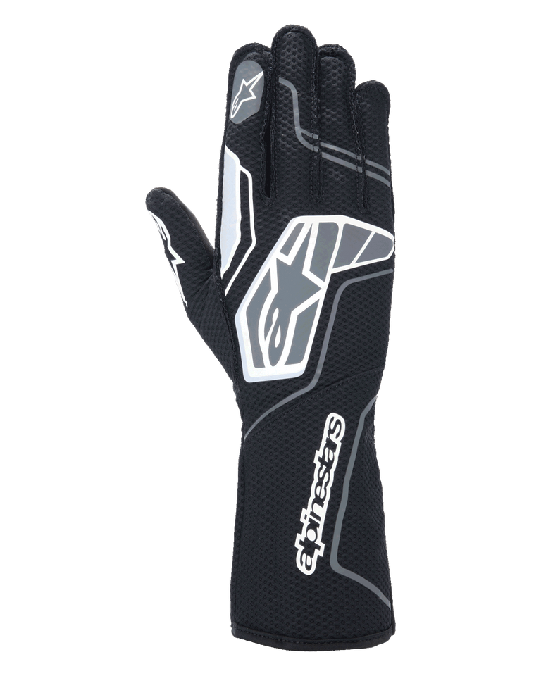 Alpinestars Tech-1 KX V4 Gloves, Karting Gloves, Black Anthracite, back view showing breathable dual-layer mesh, grey and white graphic details, prominent Alpinestars branding on the wrist and knuckles, specialized racing equipment
