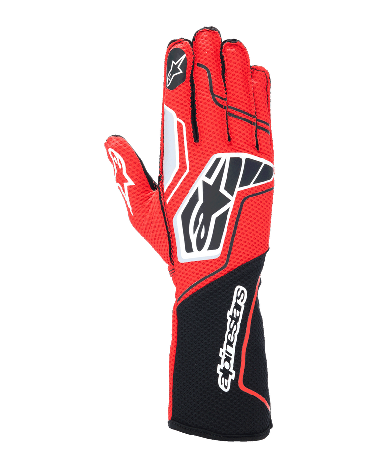 Alpinestars Tech-1 KX V4 Gloves, Karting Racing Gloves, Red and Black with White Accents, breathable mesh construction, bold Star logo on back of hand, long cuff with Alpinestars script, professional motorsport gear