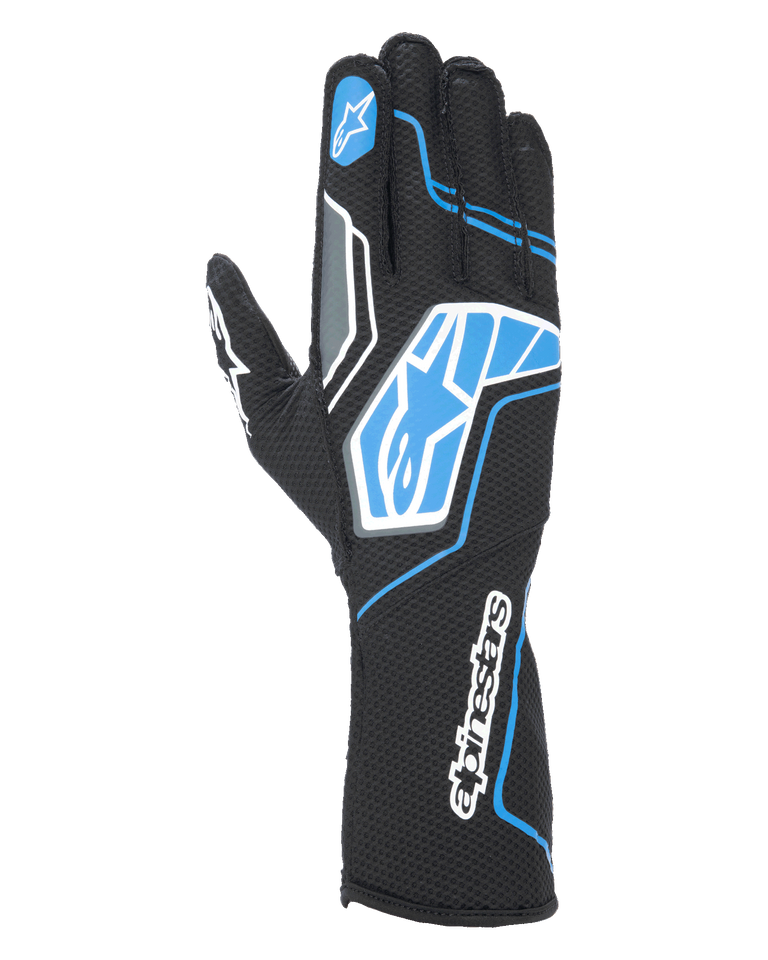Alpinestars Tech-1 KX V4 Gloves, Karting Gloves, Black and Blue, featuring dual-layer breathable mesh, blue and white graphic patterns with Alpinestars logo, sporty design for competitive karting