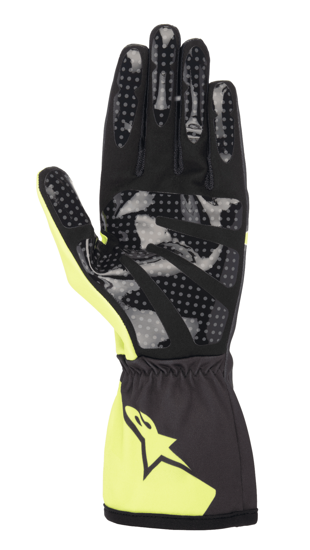 Alpinestars Tech-1 K Race V2 Corporate karting gloves in anthracite and lime green with silicone-printed palms for grip.