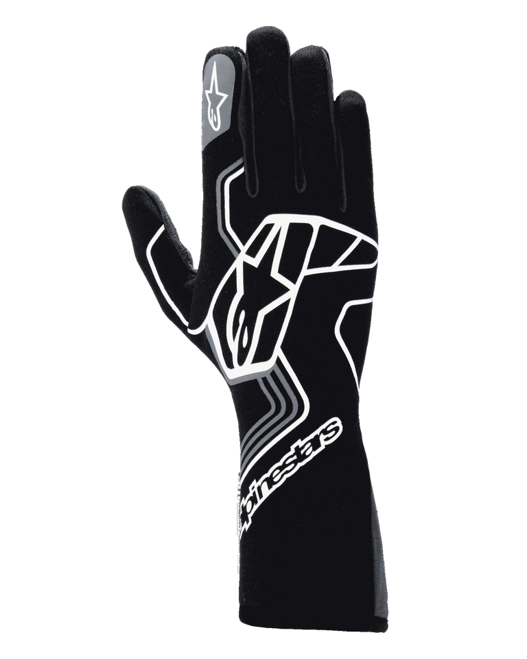 Alpinestars Tech-1 Race V4 Gloves, Auto Racing Gloves, Black Tar Gray, featuring a large white geometric star logo design, Alpinestars branding on the cuff and index finger, long gauntlet style for high-performance motorsport
