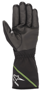 Alpinestars Tempest V2 Waterproof Gloves, Black and Fluorescent Green, palm view showing the textured rubber composite for enhanced grip, long gauntlet cuff with white Alpinestars logo and 'One Vision' branding, waterproof karting gear for wet weather.