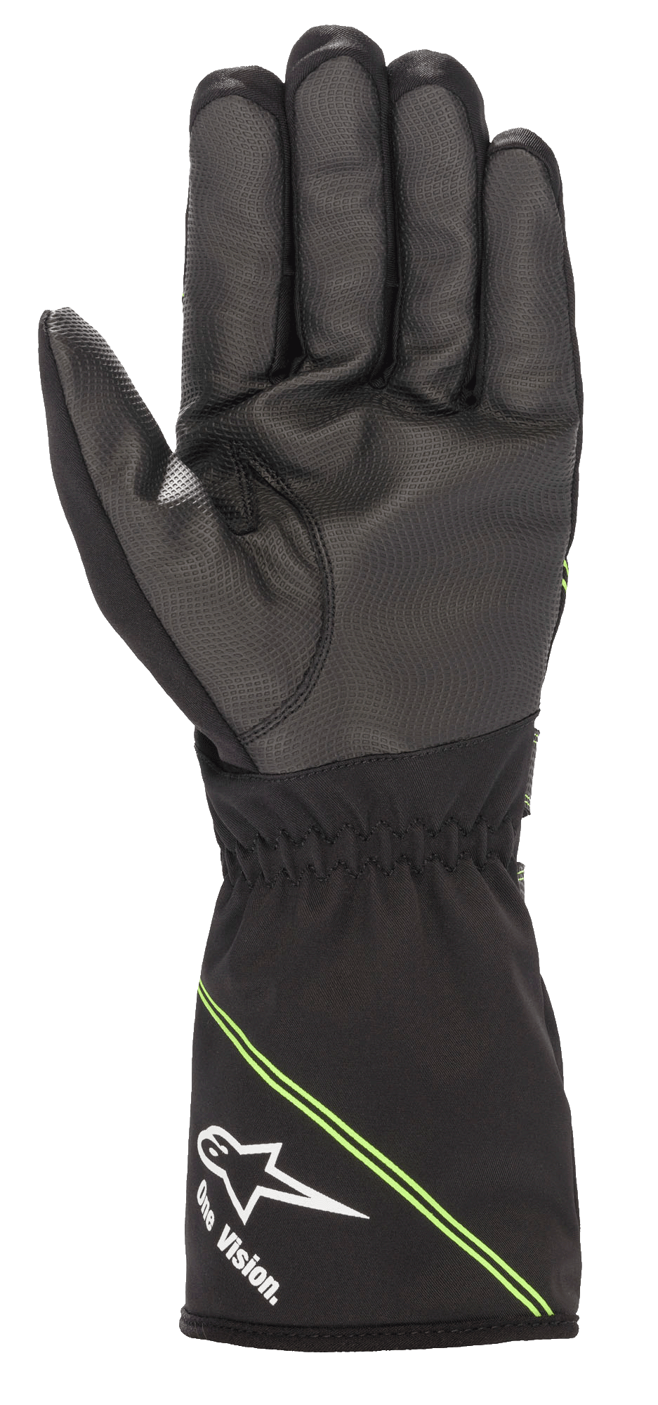 Alpinestars Tempest V2 Waterproof Gloves, Black and Fluorescent Green, palm view showing the textured rubber composite for enhanced grip, long gauntlet cuff with white Alpinestars logo and 'One Vision' branding, waterproof karting gear for wet weather.