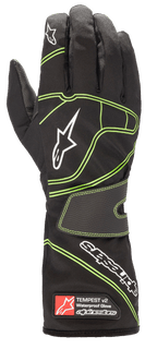 Alpinestars Tempest V2 Waterproof Gloves, Karting Gloves, Black with Fluorescent Green Accents, White Alpinestars Logos, Textured Velcro Wrist Strap, Long Cuff with Branding Tag, Designed for Wet Weather Racing