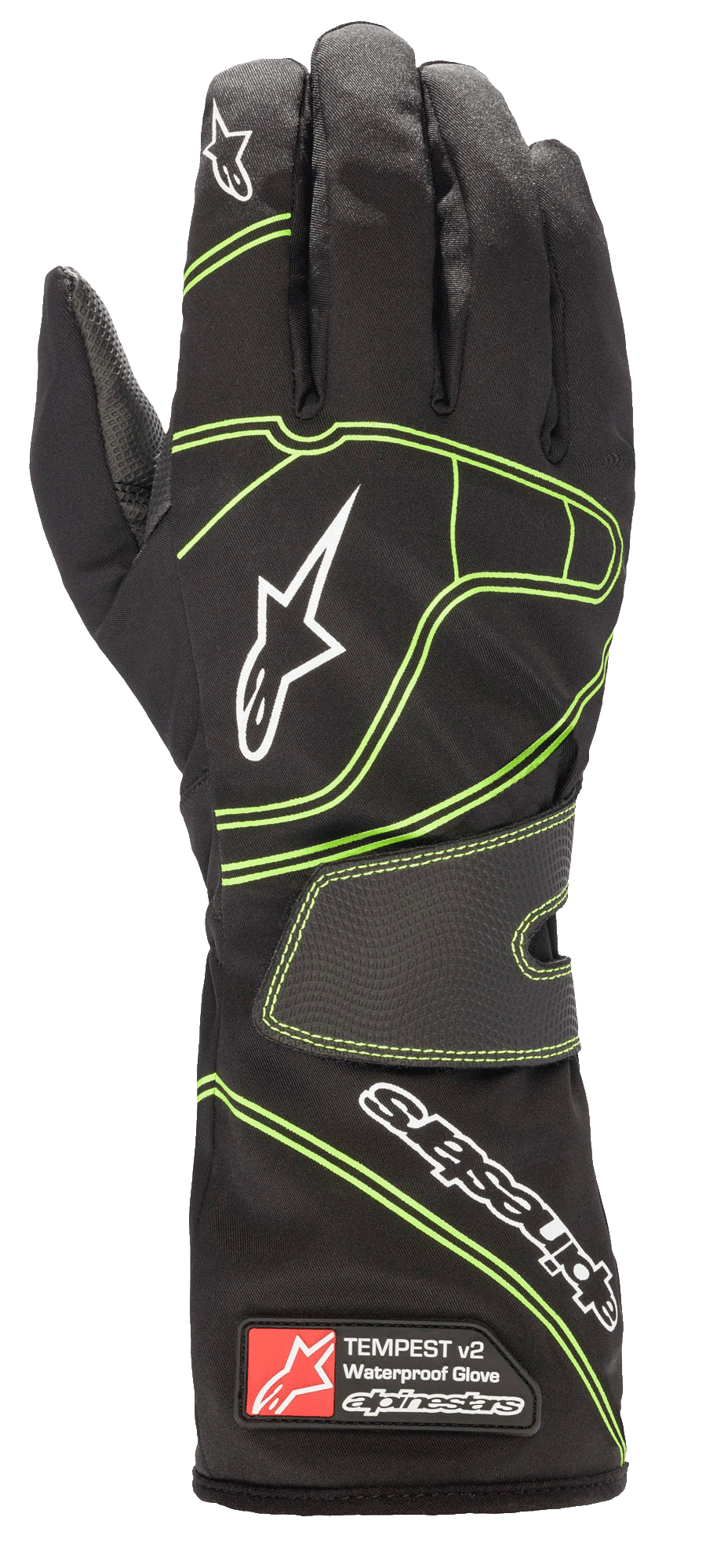 Alpinestars Tempest V2 Waterproof Gloves, Karting Gloves, Black with Fluorescent Green Accents, White Alpinestars Logos, Textured Velcro Wrist Strap, Long Cuff with Branding Tag, Designed for Wet Weather Racing