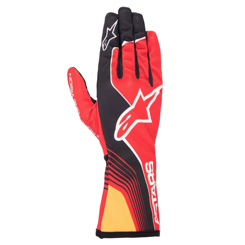 Alpinestars Youth Tech-1 K Race S V2 Future Gloves, Karting Gloves, Red Tangerine and Black, bold white star logo and ASTARS branding, sporty digital print design for youth motorsport