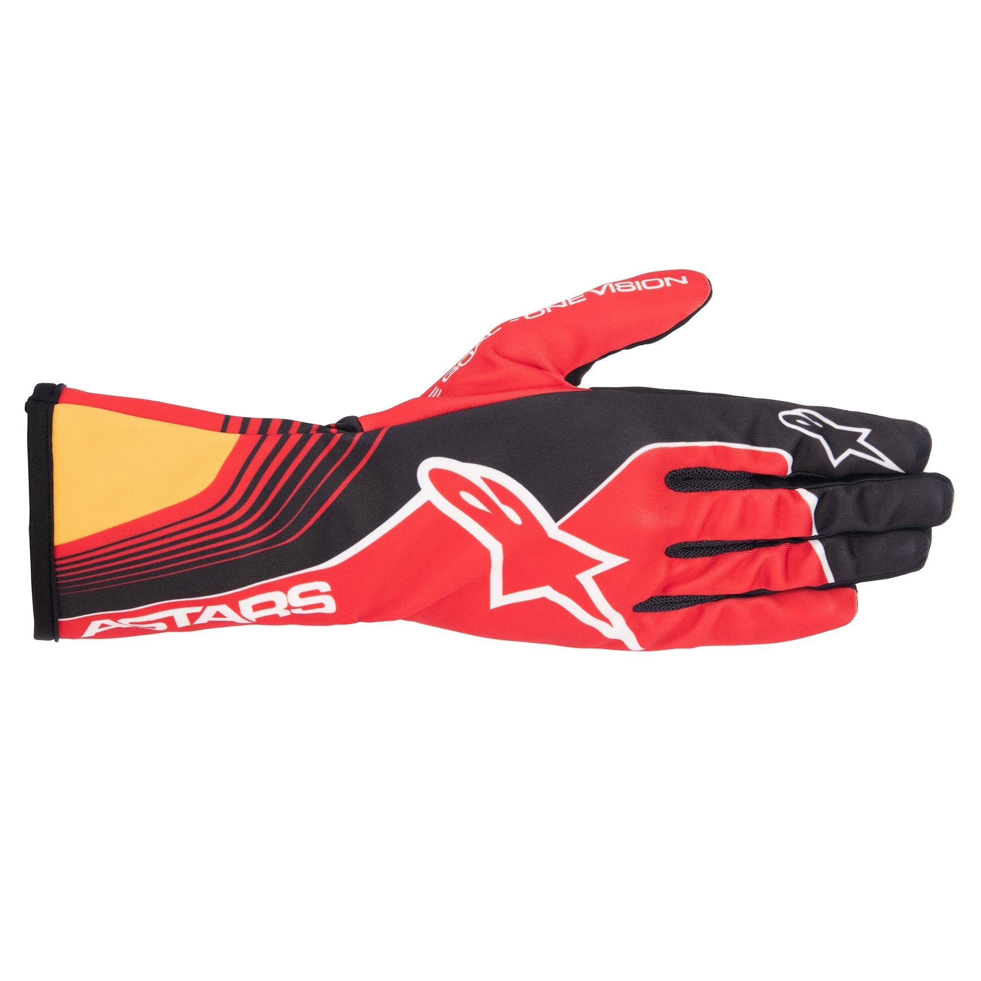 Alpinestars Youth Tech-1 K Race S V2 Future Gloves, Karting Gloves, Red Tangerine and Black, bold white star logo and ASTARS branding, sporty digital print design for youth motorsport
