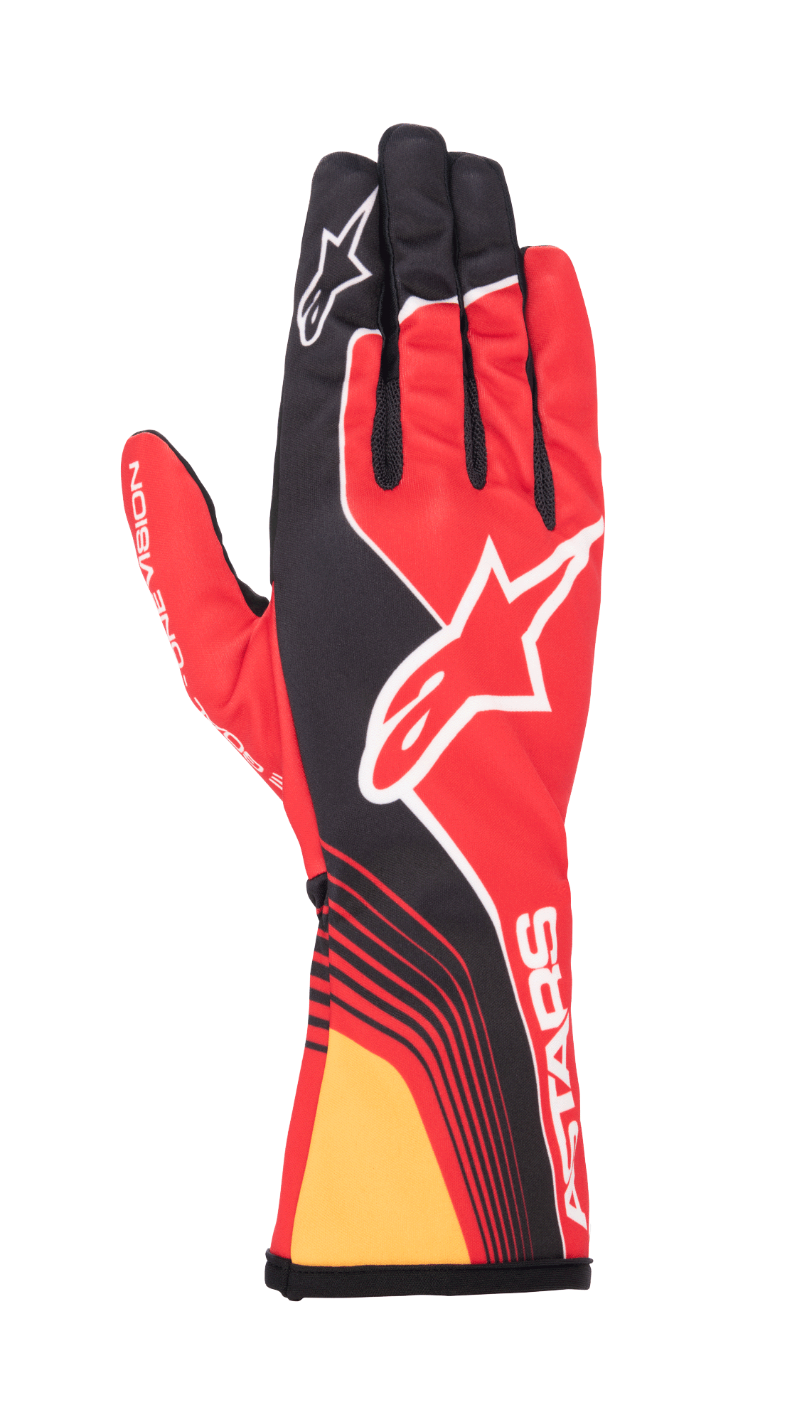 Alpinestars Youth Tech-1 K Race S V2 Future Gloves, Red Tangerine, back view showing red and black technical design, white Alpinestars logo, tangerine yellow cuff accent, and white ASTARS branding on the wrist