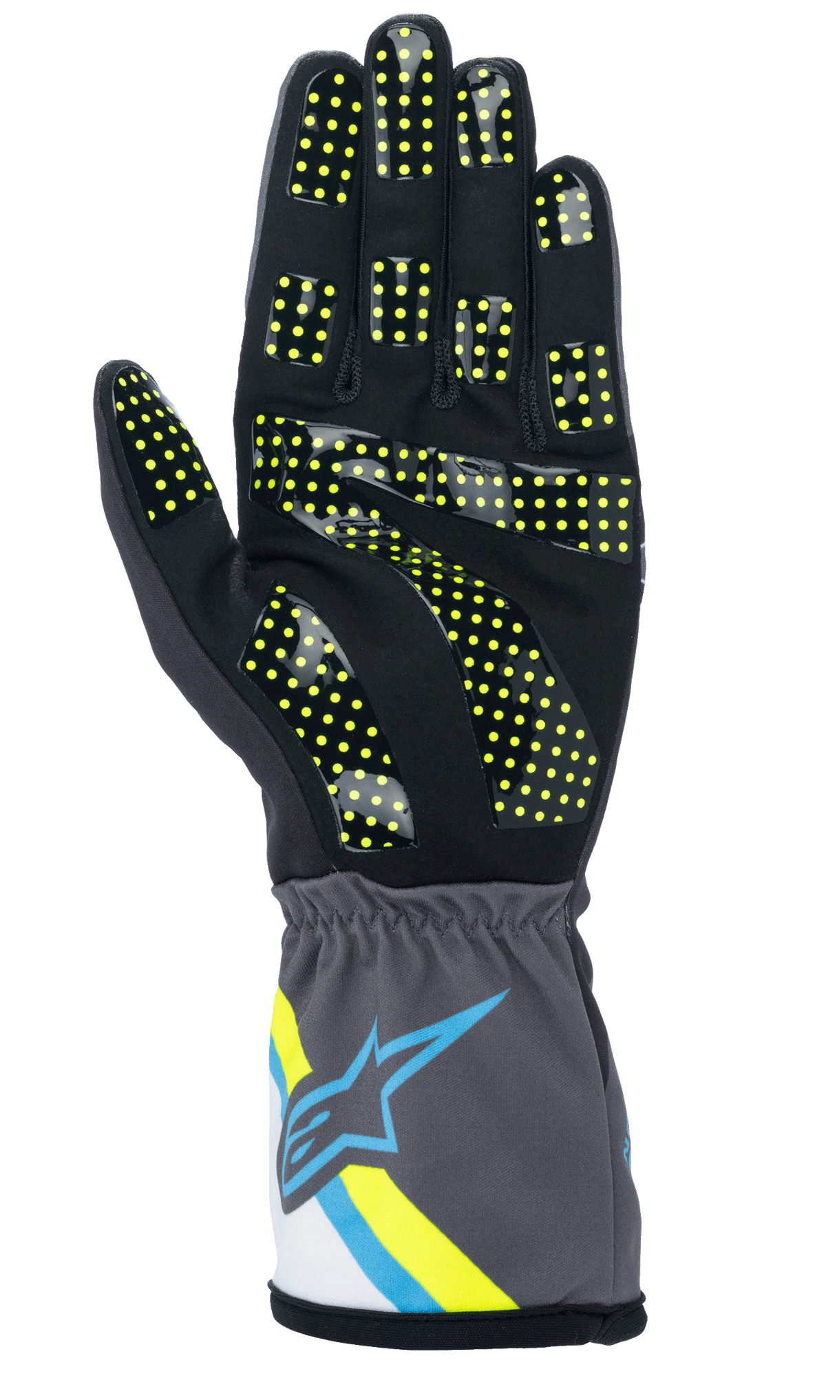 Alpinestars Tech-1 K Race V2 Graphic Glove, Men's Karting Glove, Black and Yellow Fluo, with a high-grip silicone dot palm.