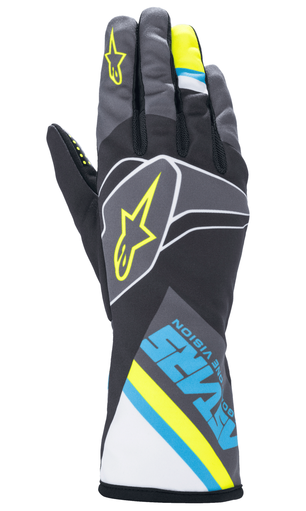 Alpinestars Tech-1 K Race V2 Graphic Karting Gloves, Black, Cyan, and Yellow Fluo, lightweight mesh construction.