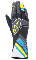 Alpinestars Tech-1 K Race V2 Graphic Karting Gloves, Black, Cyan, and Yellow Fluo, lightweight mesh construction.