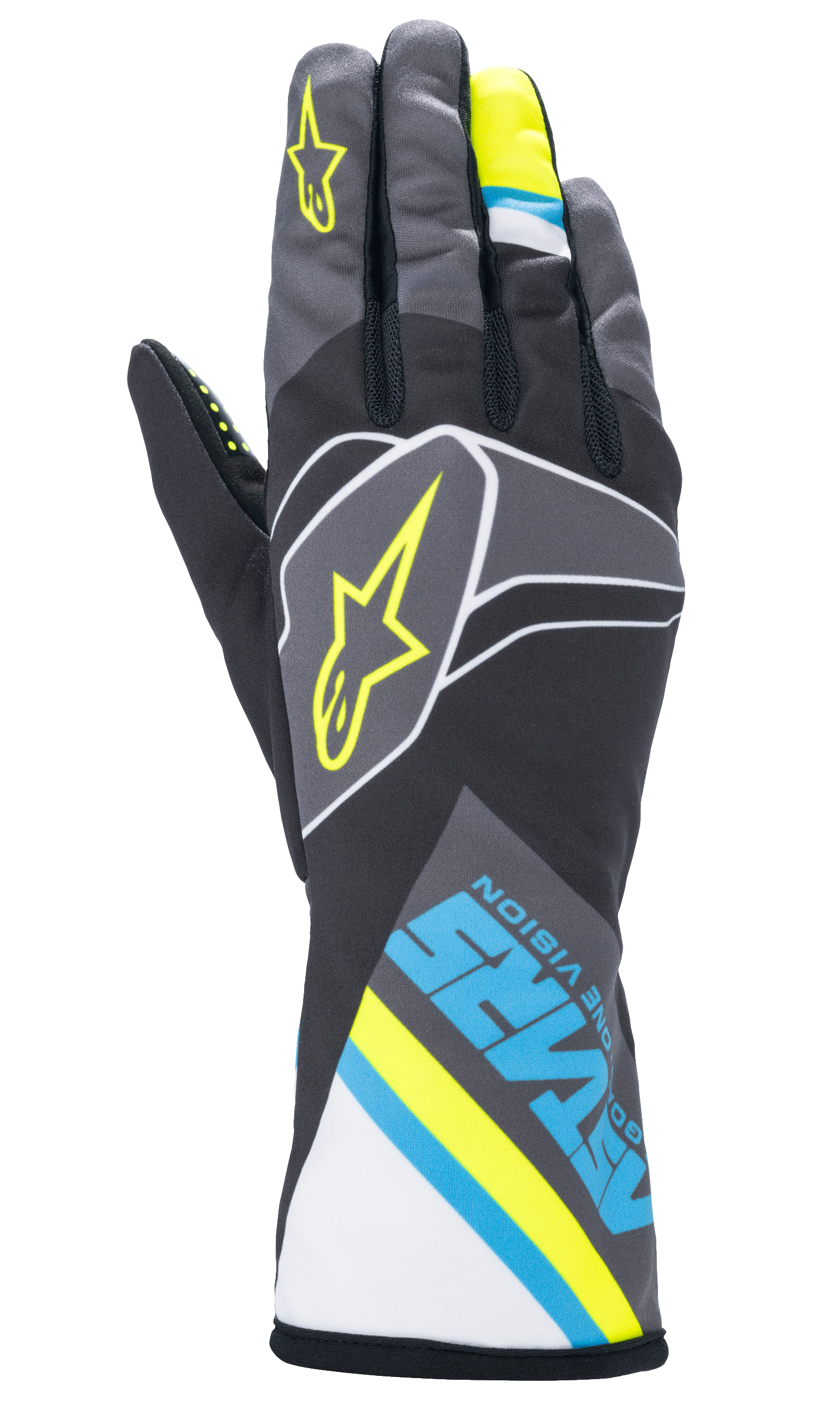 Alpinestars Tech-1 K Race V2 Graphic Karting Gloves, Black, Cyan, and Yellow Fluo, lightweight mesh construction.