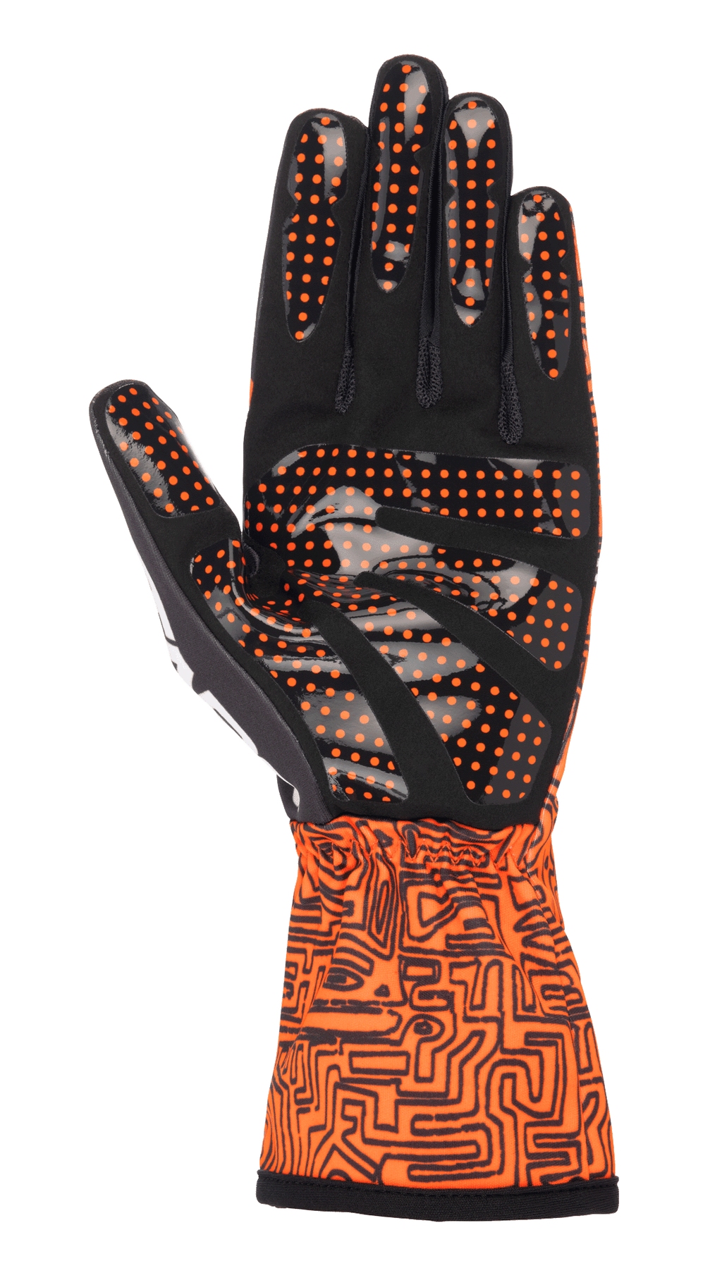 Alpinestars Tech-1 K Race V2 Vertical Gloves, Karting Gloves, Orange Fluo and Black, palm view showing black synthetic suede with orange silicone dot grip, gauntlet cuff with intricate black graphic pattern, designed for precision karting control