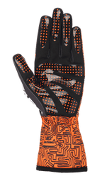 Alpinestars Tech-1 K Race V2 Vertical Gloves, Karting Gloves, Orange Fluo and Black, palm view showing black synthetic suede with orange silicone dot grip, gauntlet cuff with intricate black graphic pattern, designed for precision karting control