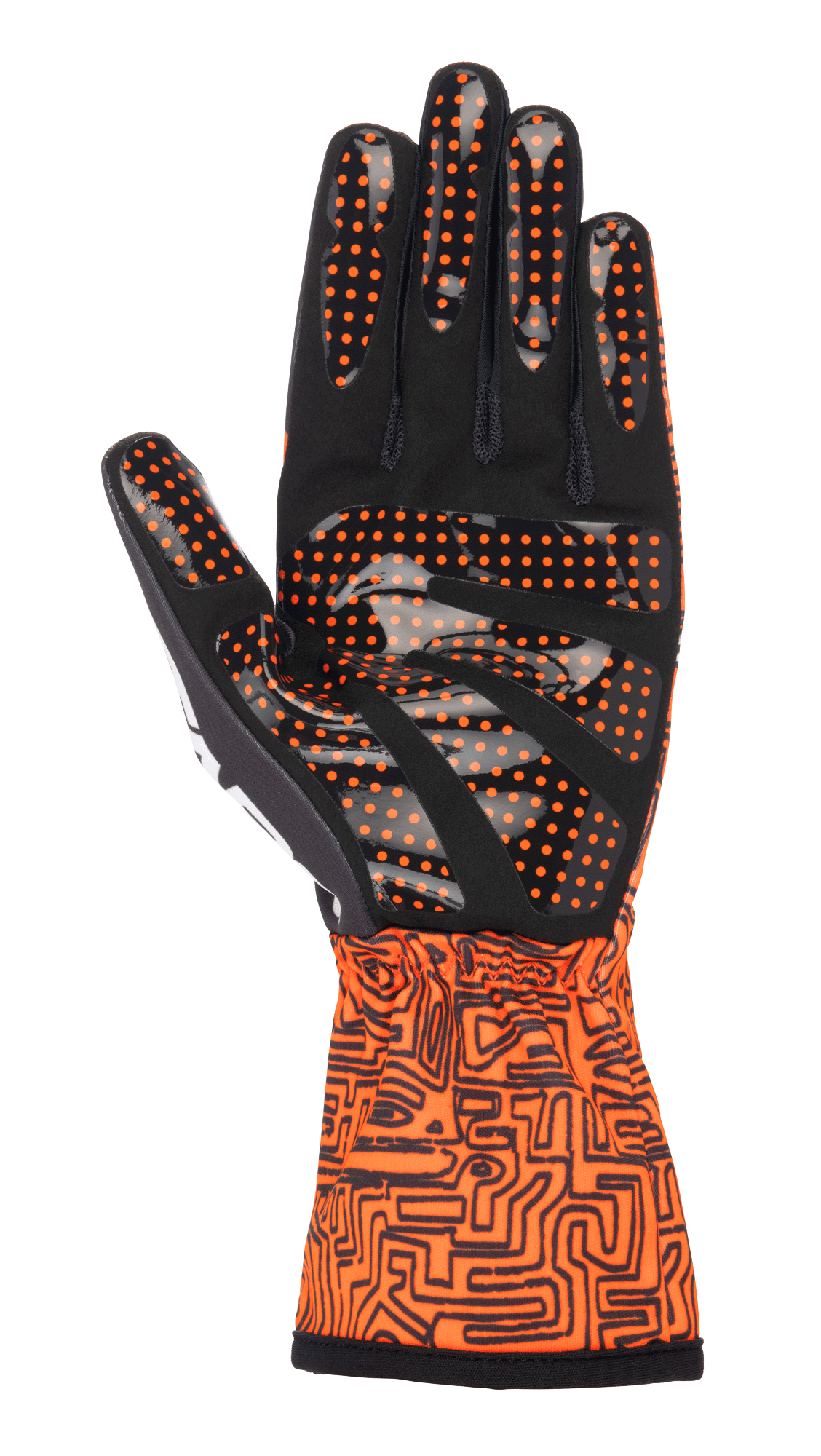 Alpinestars Tech-1 K Race V2 Vertical Gloves, Karting Gloves, Orange Fluo and Black, palm view showing black synthetic suede with orange silicone dot grip, gauntlet cuff with intricate black graphic pattern, designed for precision karting control