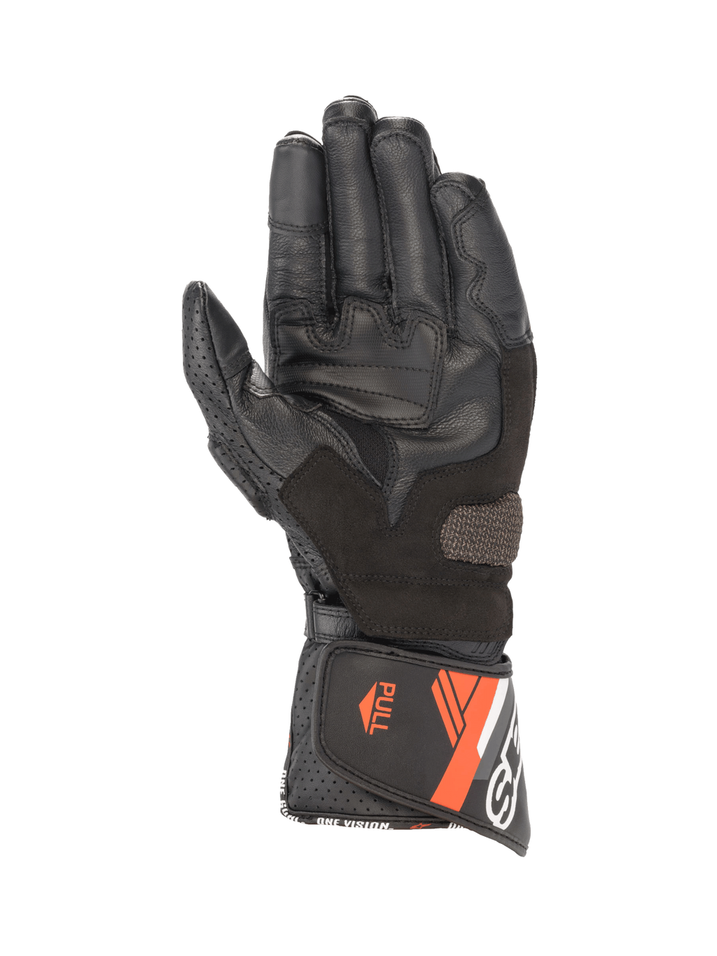 Alpinestars SP-8 V3 Men's Leather Motorcycle Gloves, Black and Red Fluo, palm view with grip inserts and secure cuff closure.