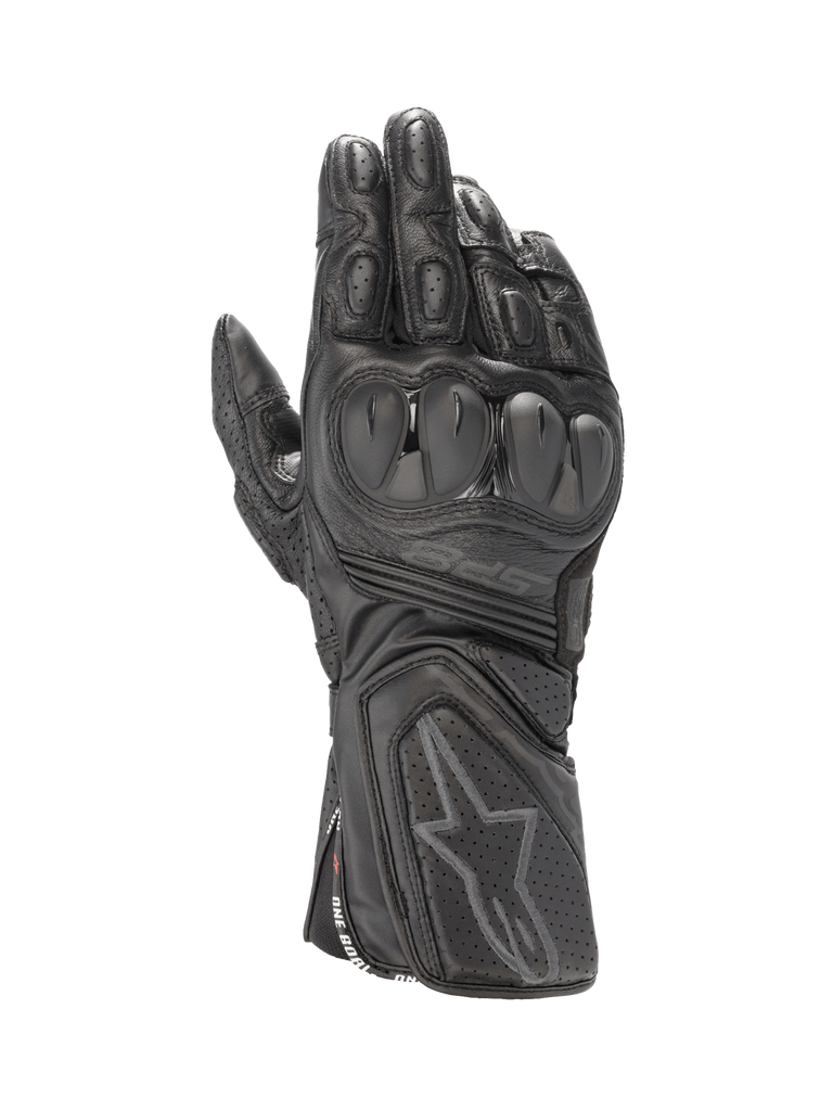 Alpinestars SP-8 V3 Men's Black Leather Motorcycle Racing Gloves, featuring dual density knuckle protection.