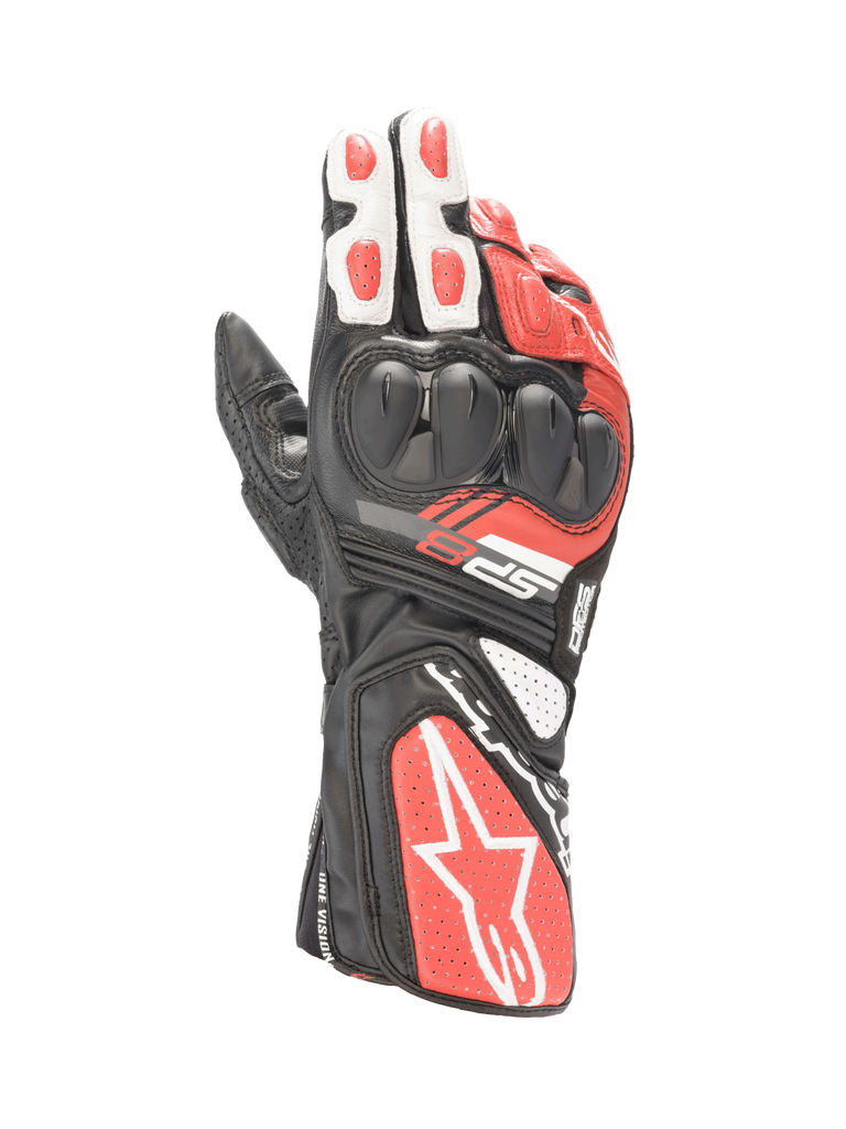 Alpinestars SP-8 V3 Men's Motorcycle Racing Gloves in Black, White, and Bright Red leather with dual-density knuckle protection.