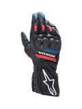 Alpinestars Honda SP-8 V3 Gloves, men's motorcycle sport gloves in black and red with blue accents and knuckle protection.