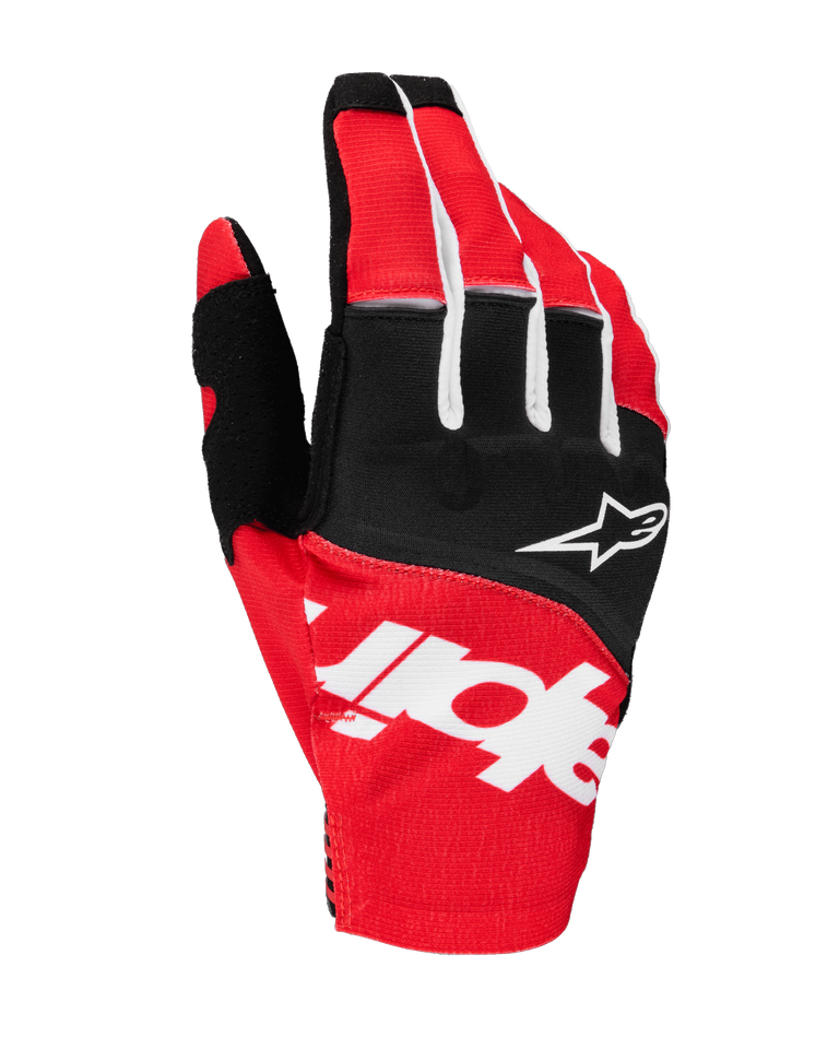 Alpinestars 2025 Techstar Gloves, Motocross Gloves, Black and Bright Red with White Accents, featuring large sublimated Alpinestars branding on the backhand and star logo on the knuckles, durable stretch fabric for off-road racing