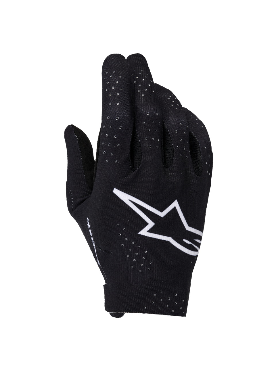 Alpinestars Supertech MX Gloves, Motocross Gloves, Black and White, backhand view featuring a large white Astars logo, laser-cut perforations for ventilation, and a seamless ergonomic design for off-road racing