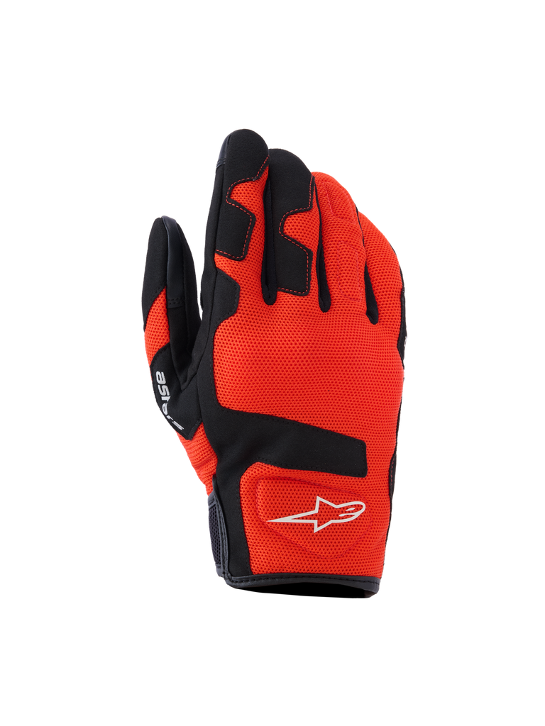 Alpinestars Ignite Gloves, Motorcycle Gloves, Red Tangerine and Black, breathable mesh textile, black reinforcements on fingers and knuckles, white star logo, short cuff design