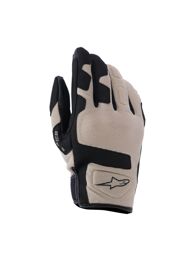 Alpinestars Ignite Gloves, Motorcycle Gloves, Beige and Black, textured mesh top hand with black panel accents, short cuff design with Alpinestars logo, lightweight and breathable protective gear for urban riding