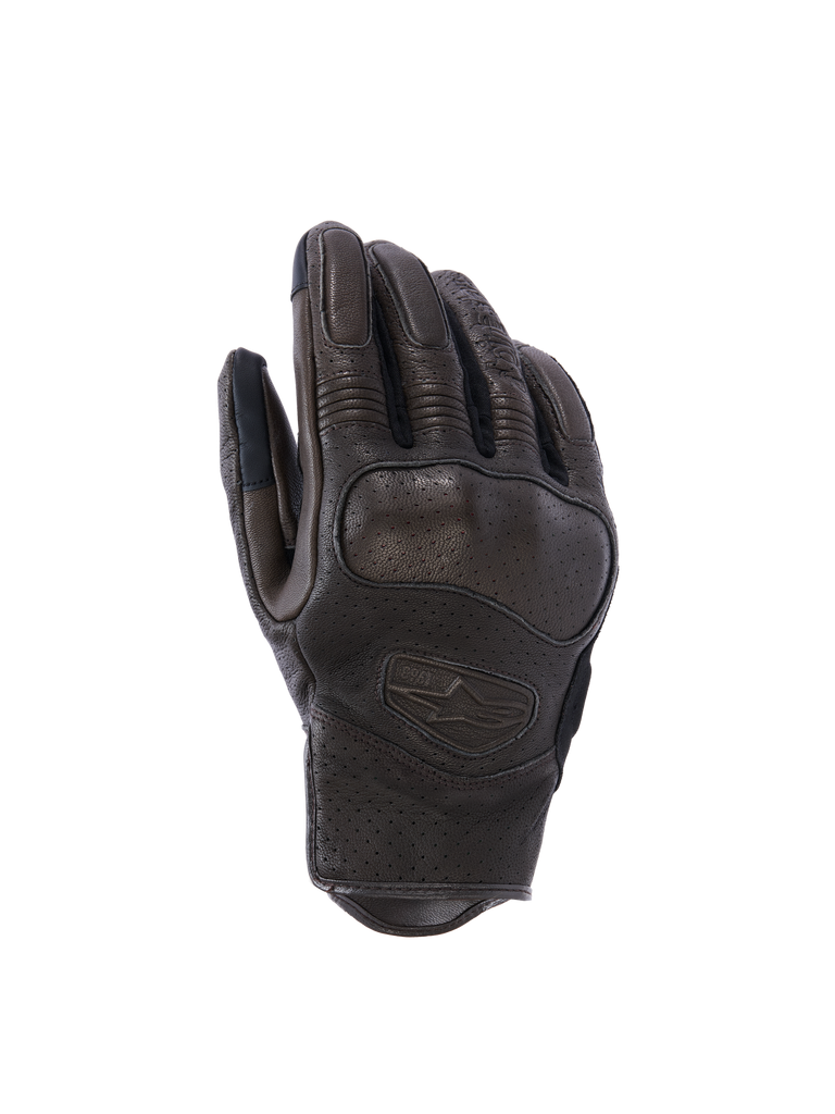 Alpinestars Mustang V3 Leather Gloves, Urban Motorcycle Gloves, Dark Brown and Black, featuring laser-perforated goat leather construction, integrated knuckle protection, and embossed logo, short cuff design