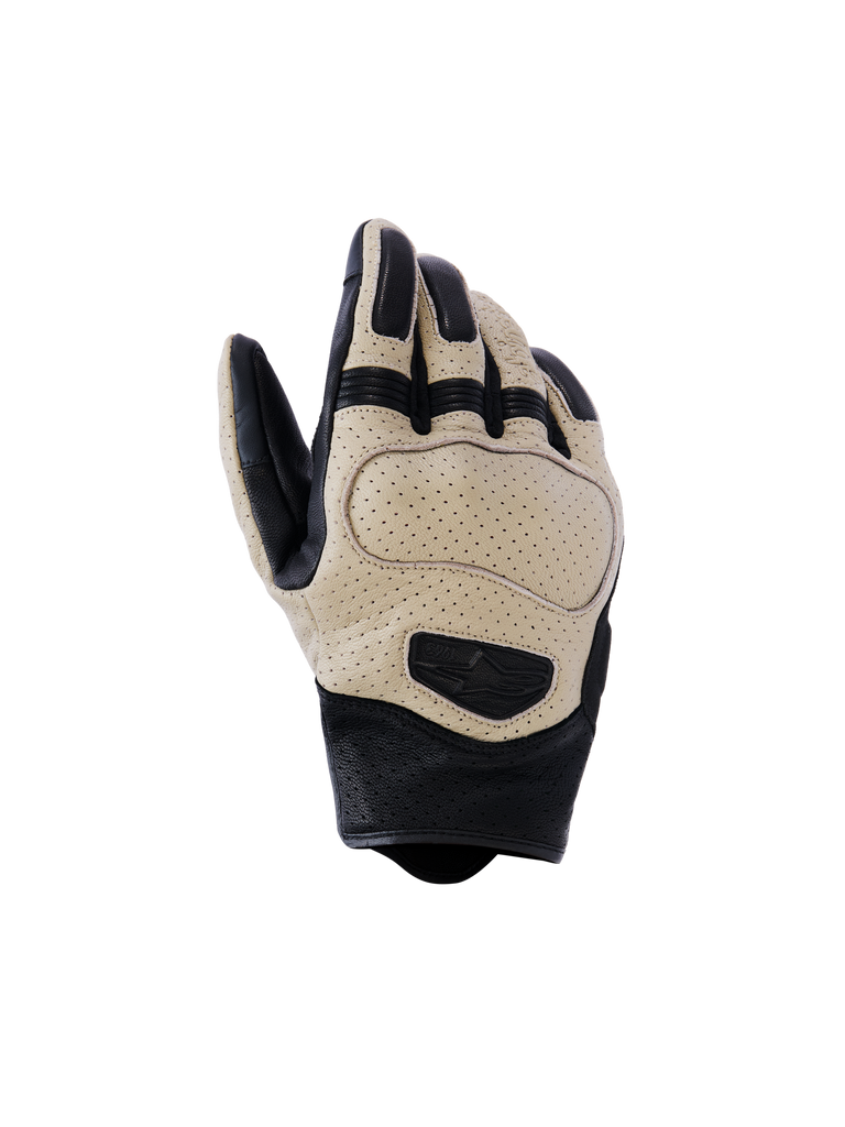 Alpinestars Mustang V3 Leather Gloves, Motorcycle Gloves, Brown and Black, featuring perforated goat leather for airflow, short cuff urban design with protective knuckle padding and embossed logo