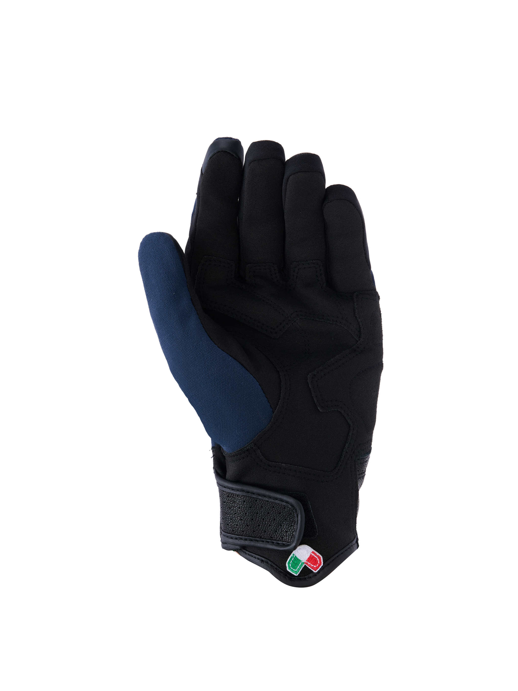 Alpinestars Tracker Gloves, palm view, Dark Blue and Black, featuring reinforced synthetic suede palm, short cuff with hook-and-loop closure, and small tricolor logo detail, urban motorcycle gear