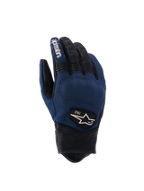 Alpinestars Tracker Gloves, Urban Motorcycle Gloves, Dark Blue and Black, textile backhand with perforated leather fingers and cuff, stretch accordion inserts, heritage 1963 logo patch, workwear-inspired style