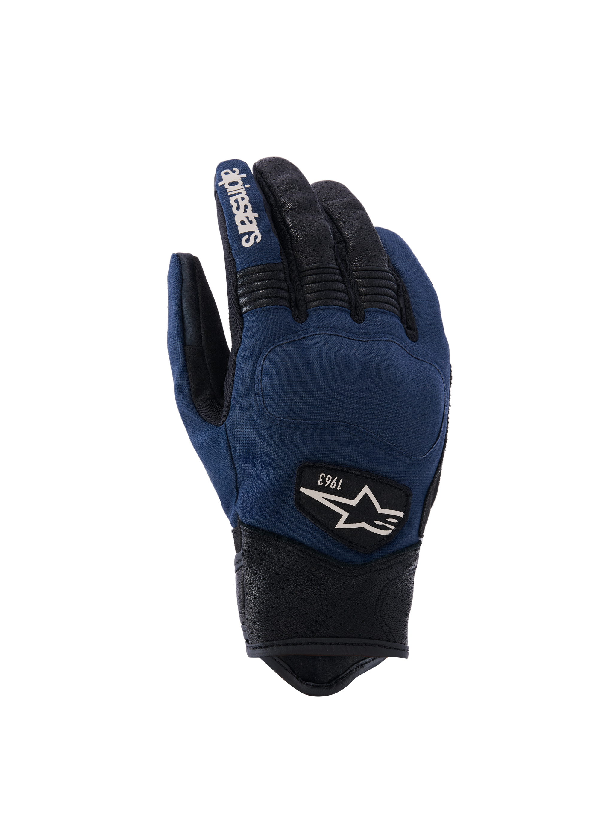 Alpinestars Tracker Gloves, Urban Motorcycle Gloves, Dark Blue and Black, textile backhand with perforated leather fingers and cuff, stretch accordion inserts, heritage 1963 logo patch, workwear-inspired style