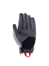 Alpinestars Durack Gloves, Motorcycle Gloves, Dark Gray and Mid Gray, palm view featuring synthetic suede construction with a black reinforced palm patch, red pull loop, and neoprene wrist closure, short cuff adventure riding gear