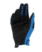 Alpinestars 2025 Radar Gloves, Motocross Gloves, Blue and Black, palm view featuring synthetic suede, 'ONE GOAL ONE VISION' text on fingers, blue side panels and small logo on the wrist, lightweight off-road racing design