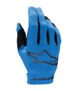 Alpinestars 2025 Radar Gloves, Motocross Gloves, Blue and Black, backhand view featuring textured stretch fabric, large black Alpinestars star logo, reinforced thumb area, and seamless wrist closure with branding